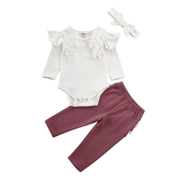 

infant baby girl clothes long ruffled sleeve solid romper lace pants leggings outfit 0-24m, White
