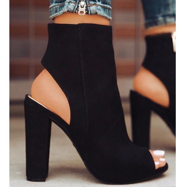 

мода женщины девушки досуг полые назад peep toe коренастый высокие каблуки молния повседневная гладиатор сандалии feminino сандалии обувь a7, Black