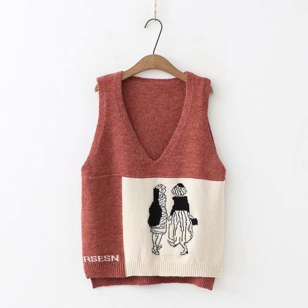 

cartoon v-neck sleeveless knitted vest sweater, White;black