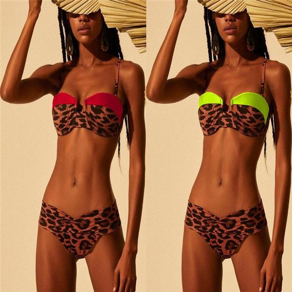 

2019 europe and the united states women's split swimsuit leopard grain steel bracket bikini bathing suit swimwear