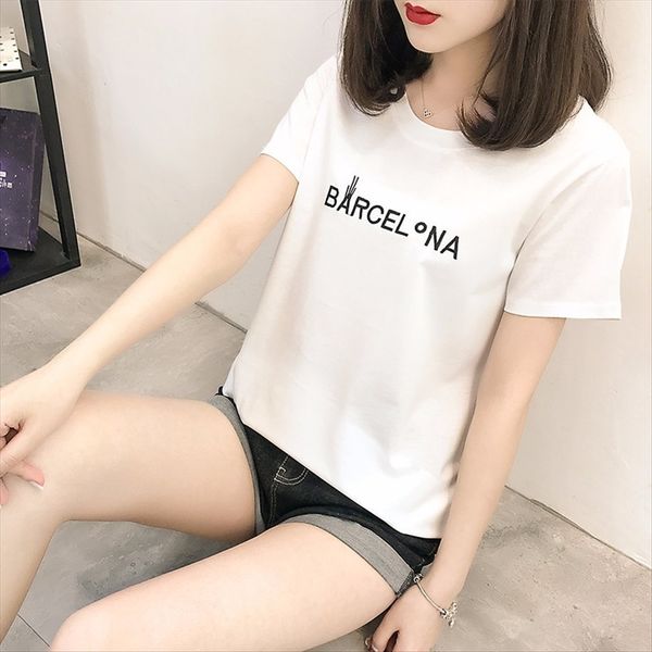 

t-shirt embroidery letter female pure cotton 95 cotton 5 spandex hundred towers interesting pattern student short-sleeved t-shirt female, White