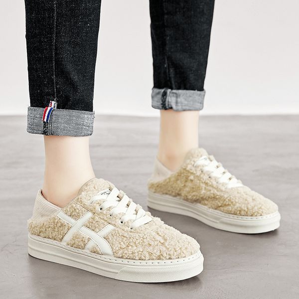 

2019 winter new lambswood women's korean version board shoes with plush warm outdoor casual shoes women sock sneakers, Black