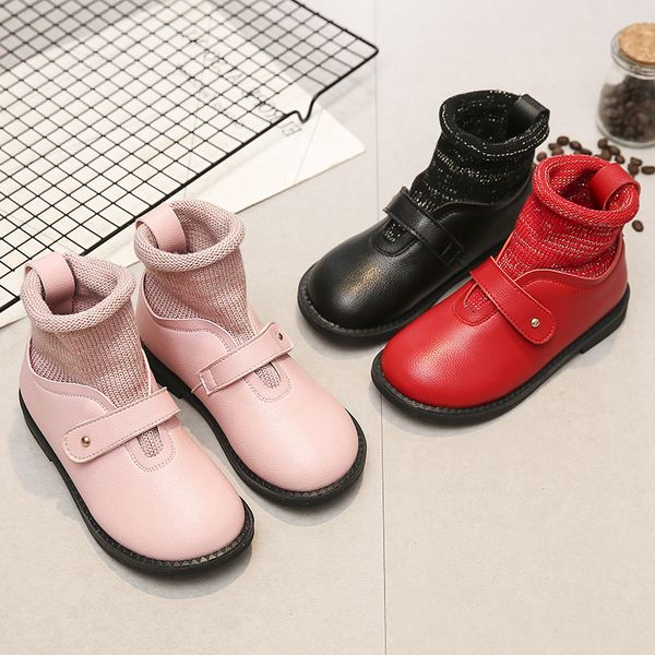 

knitted socks style ankle boots black red pink fashion princess flat dress shoes size 26-37 kids spring autumn pu leather boots, Black;grey