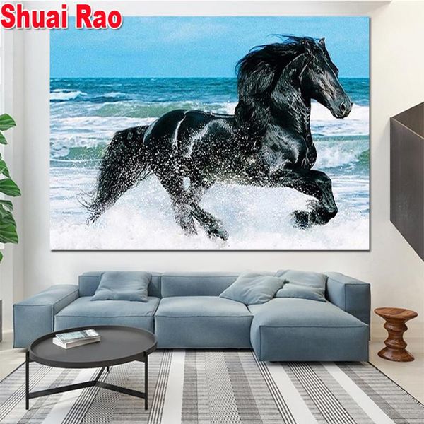 

beach black horses diamond embroidery full square round 5d diy diamond painting rhinestone pictures sea animal painting,