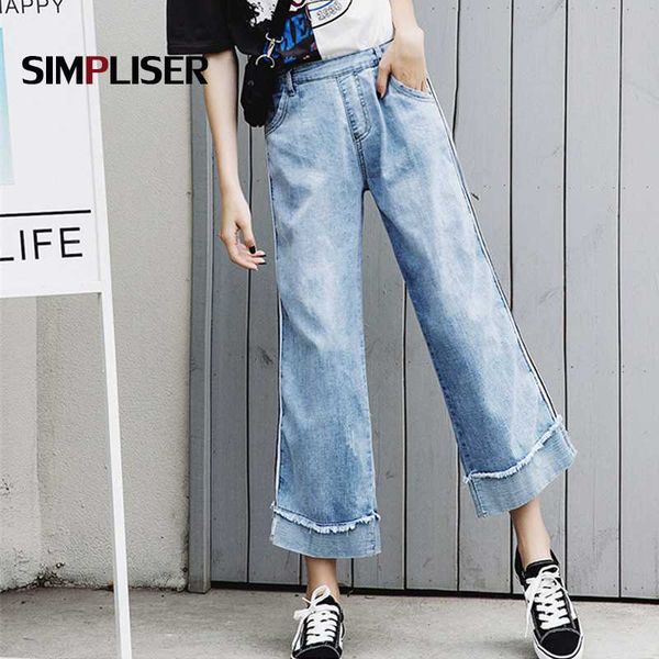 

ladies jeans pants wide leg female denim blue grey trousers elastic waist plus size ripped jeans for women 2019 summer