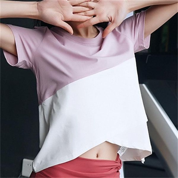 

2019 individuality contrast color fashion loose slim smock quick dry yoga clothing fitness short sleeve t-shirt, White;red