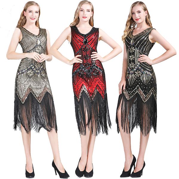 

great gatsby dress 1920s vintage flapper sequined embellished fringed dress sleeve midi party art deco double lady summer, Black;red