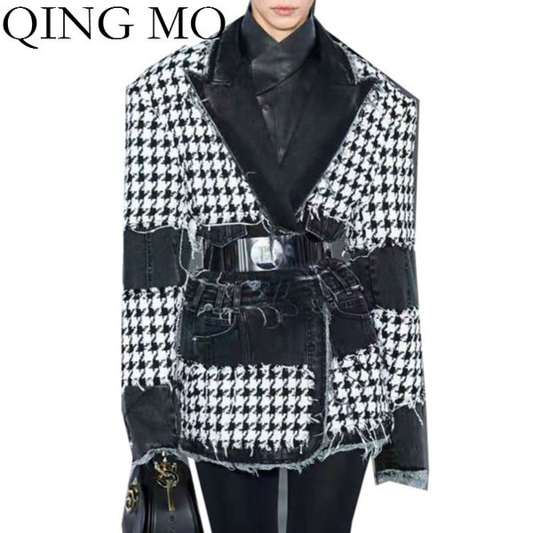 

qing mo black women plaid coat 2019 winter women denim patchwork long coat with adjustable waist female vintage zqy1928