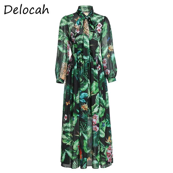 

делока весна лето мода руван женщины фонарь рукав простой лук джунгли печатных праздник случайные плиссированные женские платья макси, Black;gray