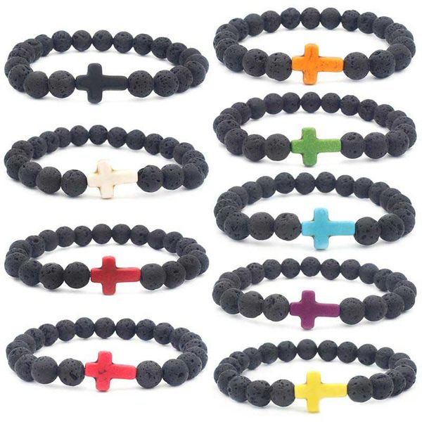 

newcharm natural stone yoga essential oil diffuser bracelet cross black lava matte beaded bracelets handmade men women prayer fitness couple