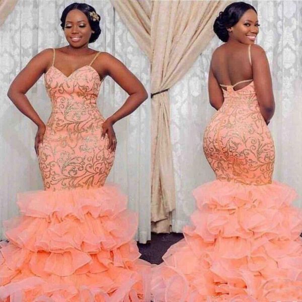 

2k19 спагетти пром платья сексуальные спинки плюс размер русалка вечерние платья оборками многоуровневый развертки поезд женщины вечернее пл, Black