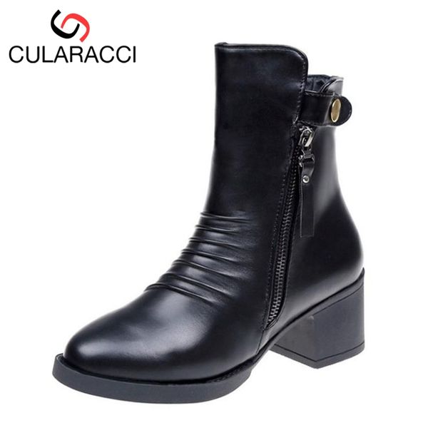 

cularacci ladies mid calf boots zipper thick heel women's shoes round toe winter short boots fur female footwear size 35-39, Black