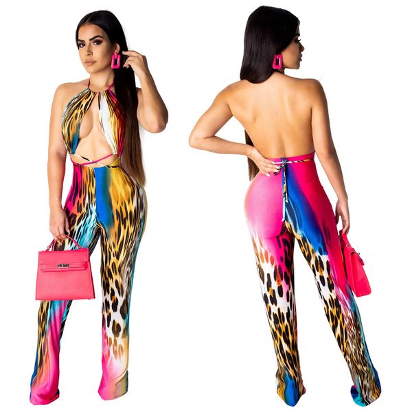 

leopard print sleeveless off shoulder halterbackless fashion outfits women casual summer jumpsuit, Black;white