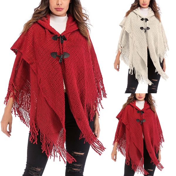 

new women fashion retro fringe cloak shawl polyester solid button irregular knit sweater 2018, Black