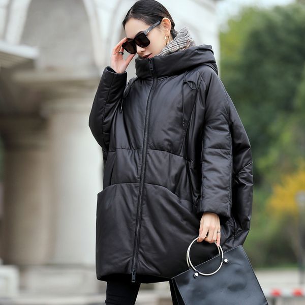 

женская кожаная куртка из овчины натуральная кожаная куртка корейская негабаритная утка вниз зимнее пальто для женщин chaqueta mujer 9663 yy, Black