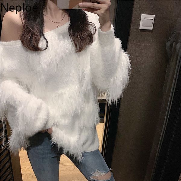 

neploe new women tassel sweater 2019 autumn winter new long sleeve knitted pullovers korean strapless pull jumpers 55046, White;black
