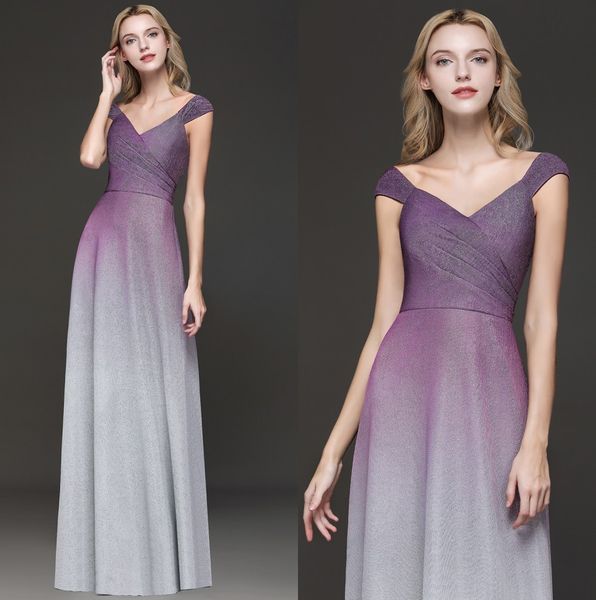 

2019 cap sleeves sequins a line long prom dresses gradient color ruched floor length formal party evening dresses real image cps1246, Black;red