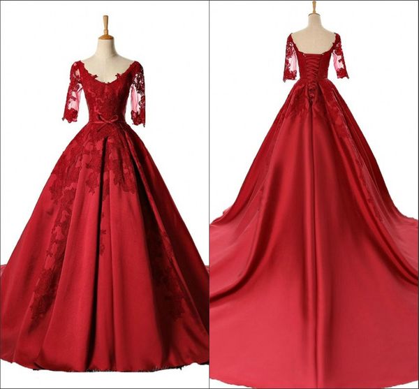 

2022 red lace applique evening dresses with sleeves v-neck ball gown lace-up satin prom dresses long special occasion dress vestido de novia, Black