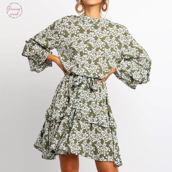 

3 4 sleeve floral print ruffles dress women sashes beach casual dress above knee mini summer boho chiffon mini dresses vestidos, Black;gray