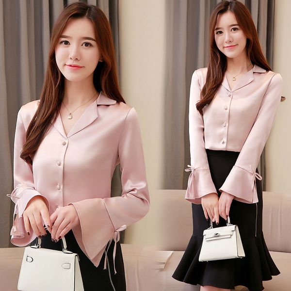 

luxury pink runway silk satin shirts plus size women korean style flare sleeve blazer neck ladies blouses office designer button shirts, White