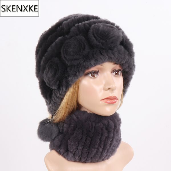 

lady real rex fur hats scarves sets winter women knitted real fur hat scarf good elastic natural muffler hat, Blue;gray