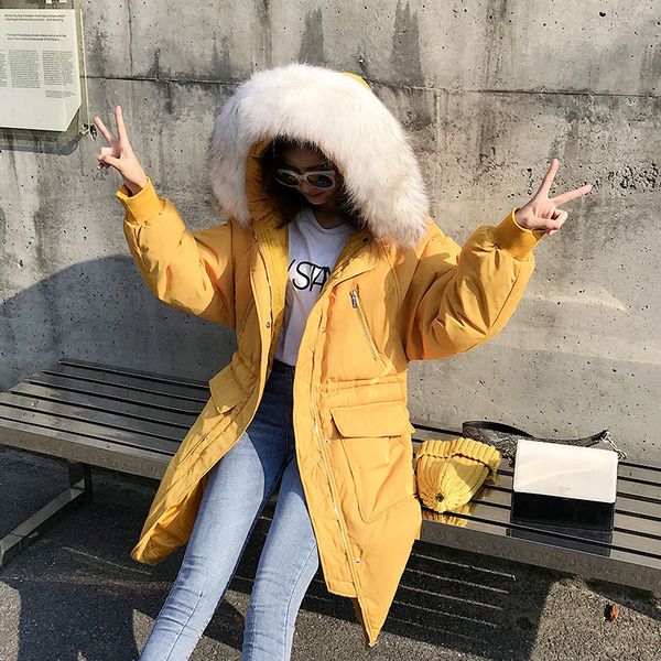 

2020 осень и зима новый корейский стиль сыпучие -манекенщица пальто женщины енота меховой воротник толстые вниз куртка женщин средней длины, Black