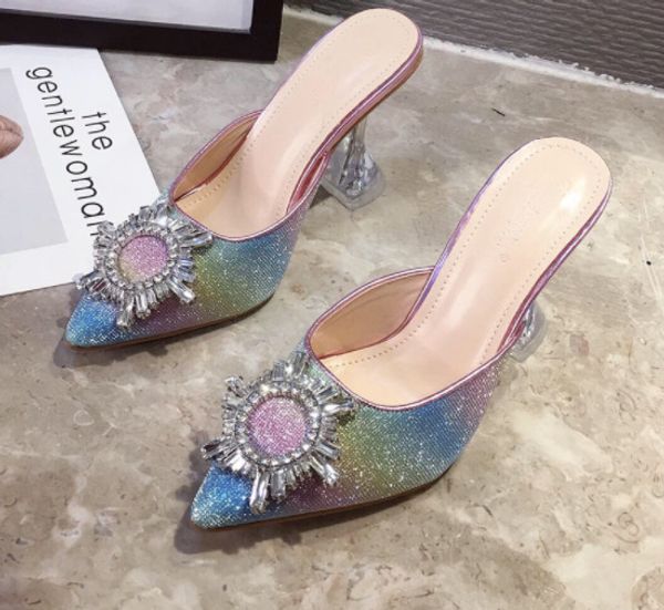 

crystal women pumps sandals elegant pointed toe rhinestone high heels shoes bling crystal perspex spike heeled mule, Black