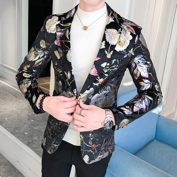 

men blazer luxury flowers allover printing prom suit blazers single button party male nightclub slim fit wedding suit jacket, White;black