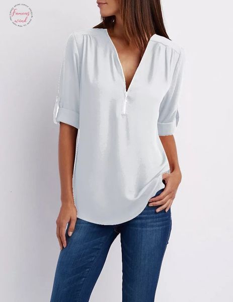 

women spring zipper summer chiffon blouse v collar zipper roll up long sleeves loose shirt blusa feminina plus size5xl, White
