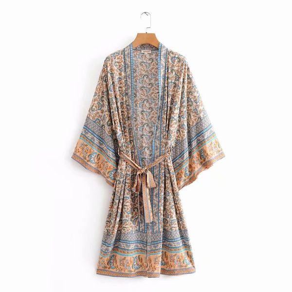 

women fashion position flower printing casual loose kimono shirts blouses women batwing sleeve sashes cardigan long ls4528, White