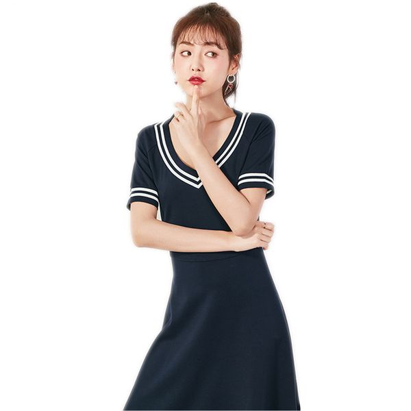 

Summer New Dress Female Slim V -Neck Waist Temperament Dress Student Hit Color Pleated Lady Dress For Women