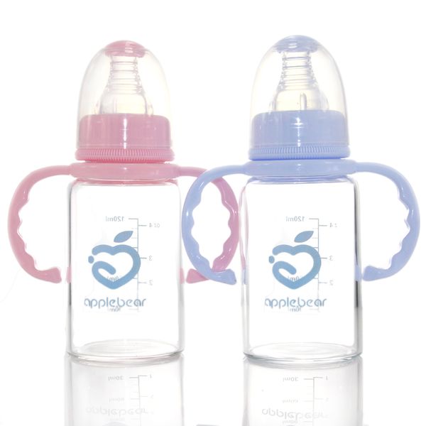 

120ml baby glass milk feeding bottle with anti-slip handle & cup cover water newborn straight body bottle