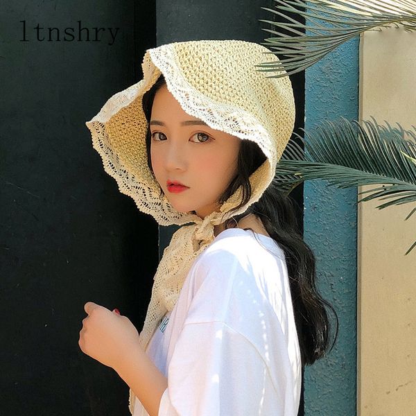 

summer french style lace ribbon hat bow holiday beach straw paper lady out door travel leisure cap women bucket hat foldable, Blue;gray