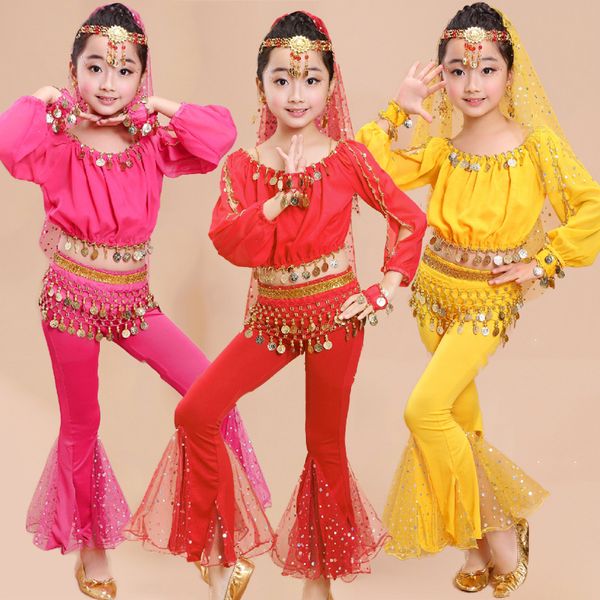 

bellydance costume professional girls long sleeve oriental costumes for kids bollywood clothes child belly dance wear dnv10896, Black;red