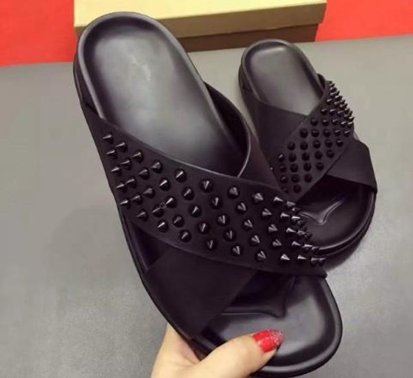 

brand designer high-end custom round metal rivet cowhide flat casual mens shoes fashion trend comfortable summer rivet men slipper high-end, Black