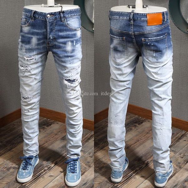 

italist style man 2020 cowboy patch whisker wash distressed jeans slim fit bleach fade effect denim trousers, Blue