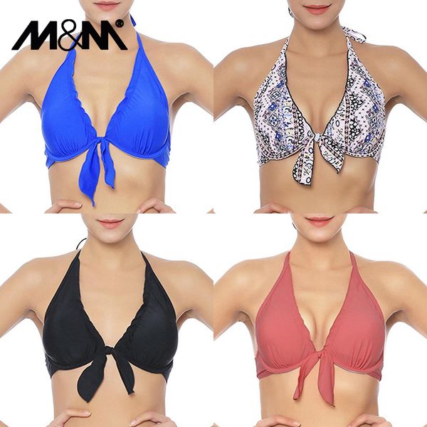 

m&m 2019 women bikini push up swimwear girls solid swimsuit halter beach wear print halter pad ruching sport bra t609