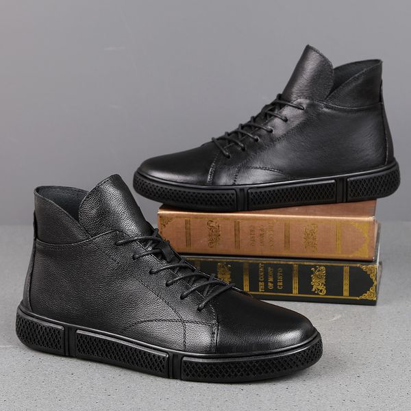 

2019 winter and autumn solid color high men's casual boots with genuine leather outdoor men's boots plus velvet warm non-slip, Black