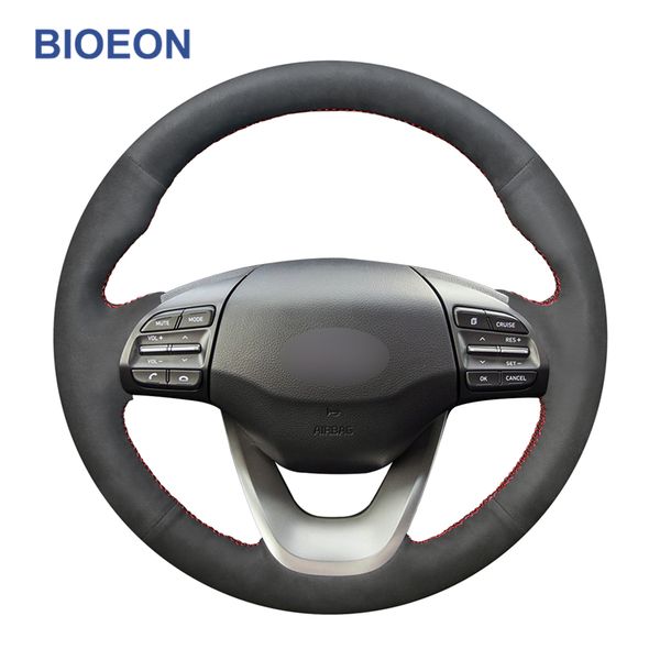 

hand-stitched black synthetic suede steering wheel cover for kona 2017 2018 2019