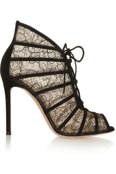 

black lace chalaza fish mouth sandals high with short boots nightclub women's shoes