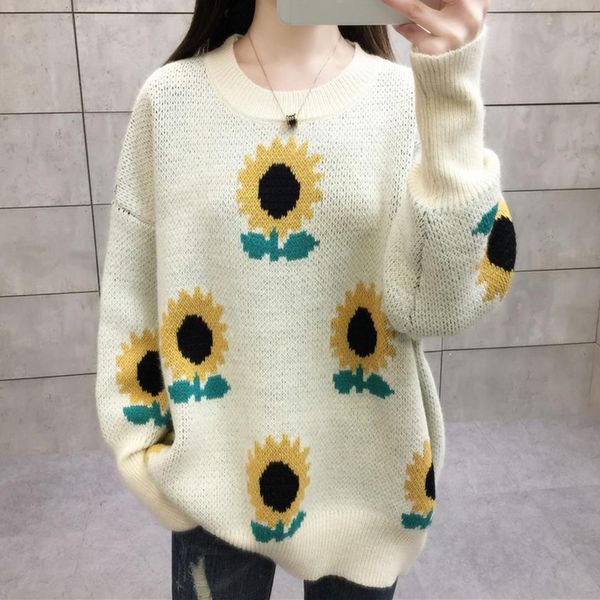

sun floral graphic pull kawaii lolita korean long sleeve loose knitted sweater pullover thin cashmere winter autumn jumper, White;black