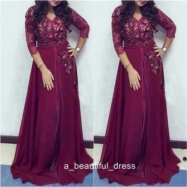 Abiti da cerimonia da ballo in chiffon di pizzo bordeaux con maniche Modest Crystal Beaded Dubai Arabo Plus Size Abiti da sera per occasioni speciali ED1161