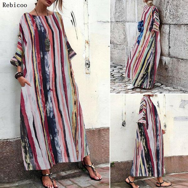 

casual dresses summer vintage striped printed sundress women o neck short sleeve long dress plus size robe femme maxi vestido, Black;gray