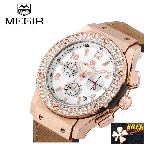 

megir design ladies watch women gold leather silicone bracelet rhinestone crystal diamond quartz watch clock women, Slivery;brown