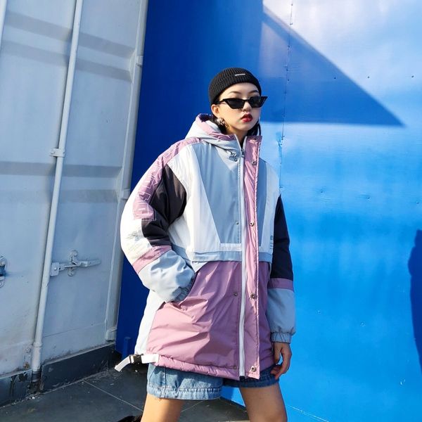 

guochao hip-hop style bf personality collision color splicing buckle hooded trench loose large size couple style coat, Tan;black