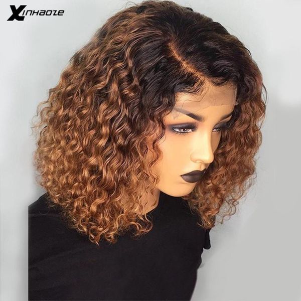 

curly short bob lace front wig 13x4 brazilian remy human hair wigs ombre 1b/27 blonde color natural pre plucked for women, Black;brown