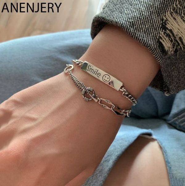 

fashion retro smiling face thai silver bracelet 925 sterling silver lock chain square bracelet for women men s-b347, Golden;silver
