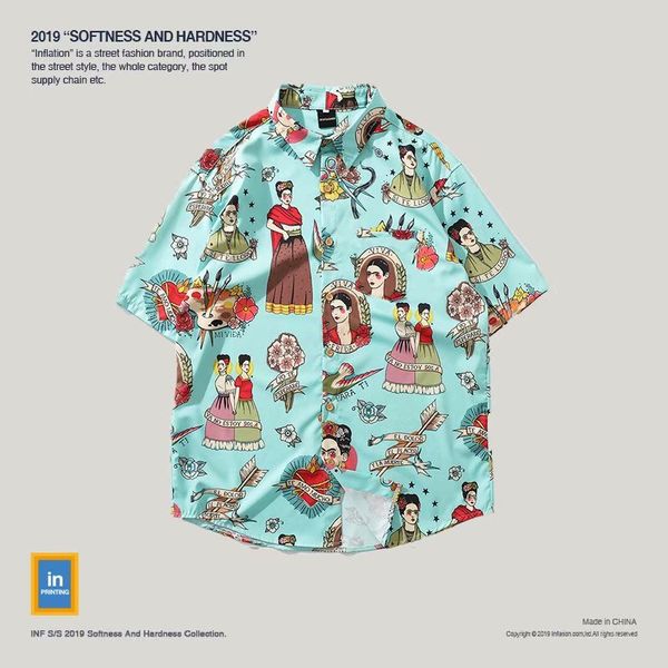 

hong kong style flower shirt retro american short-sleeved personality flower shirt men and women with the trend of hawaiian shir, White;black