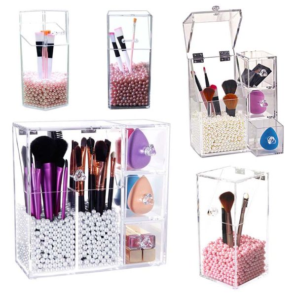 

multi-style ps acrylic makeup organizer cosmetic holder makeup tools storage pearls box brush accessory organizer box with cover