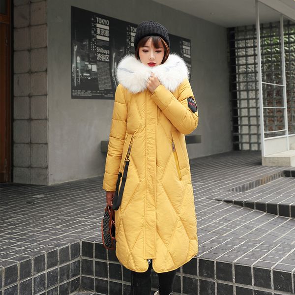 

new fur hooded thicken warm slim long down coat women solid long sleeve zipper pockets outwears ladies hardy down jackets, Black